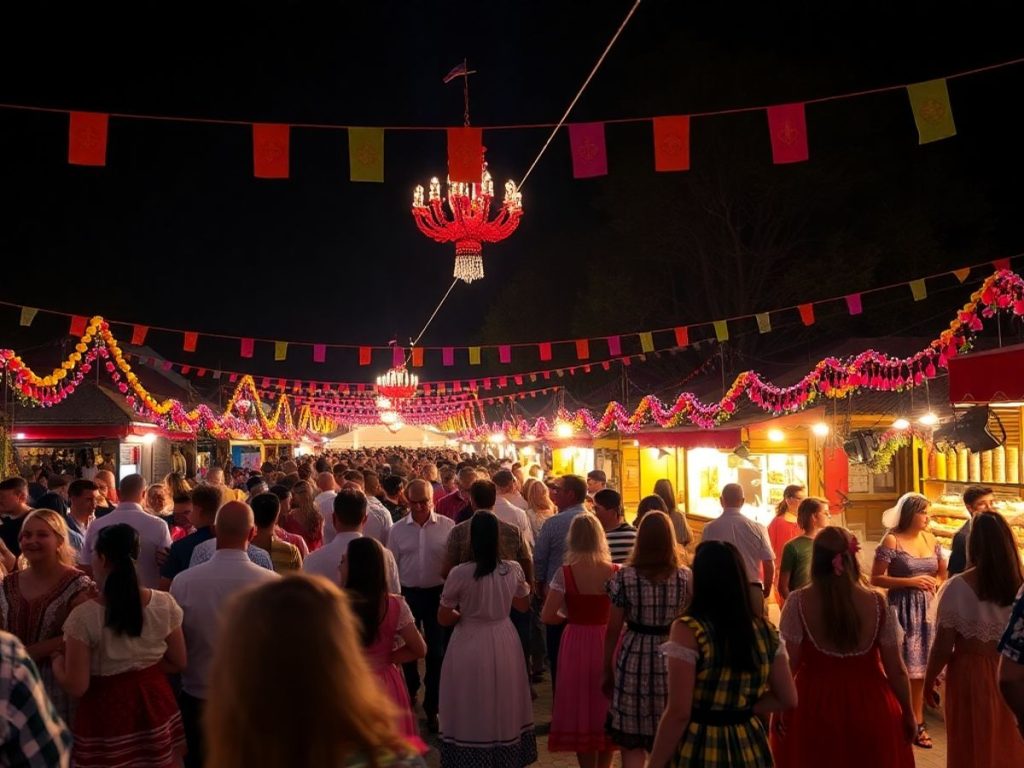 Scene de festival din România, oameni veseli și costume tradiționale.