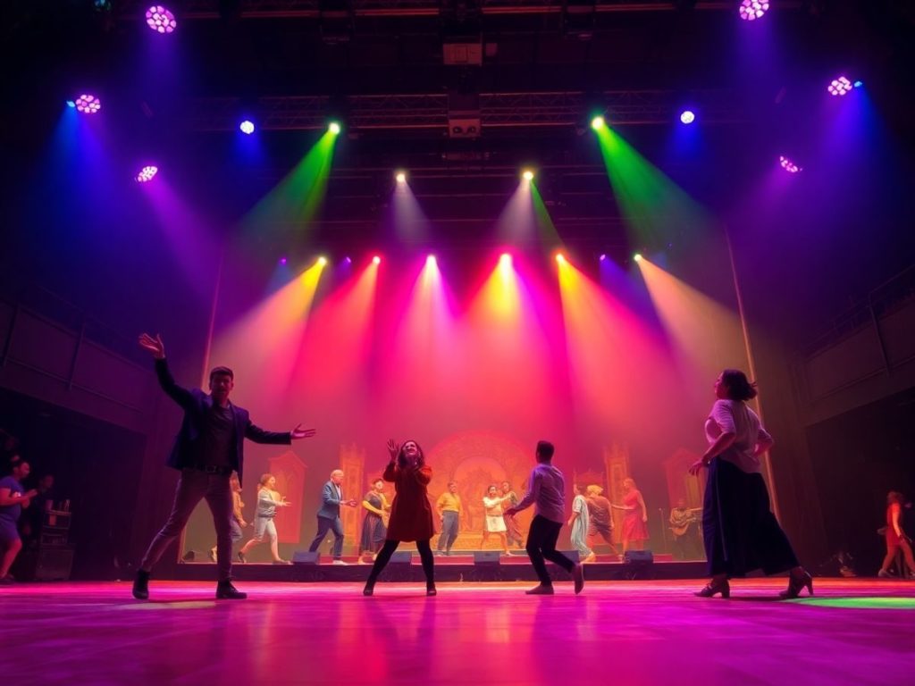 Scenă teatrală, lumini colorate, actori în rol.