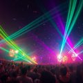 Mulțime dansând la festival de muzică electronică, lumini vibrante
