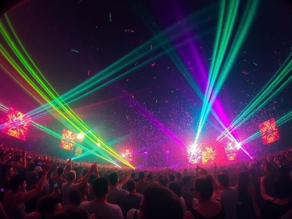 Mulțime dansând la festival de muzică electronică, lumini vibrante